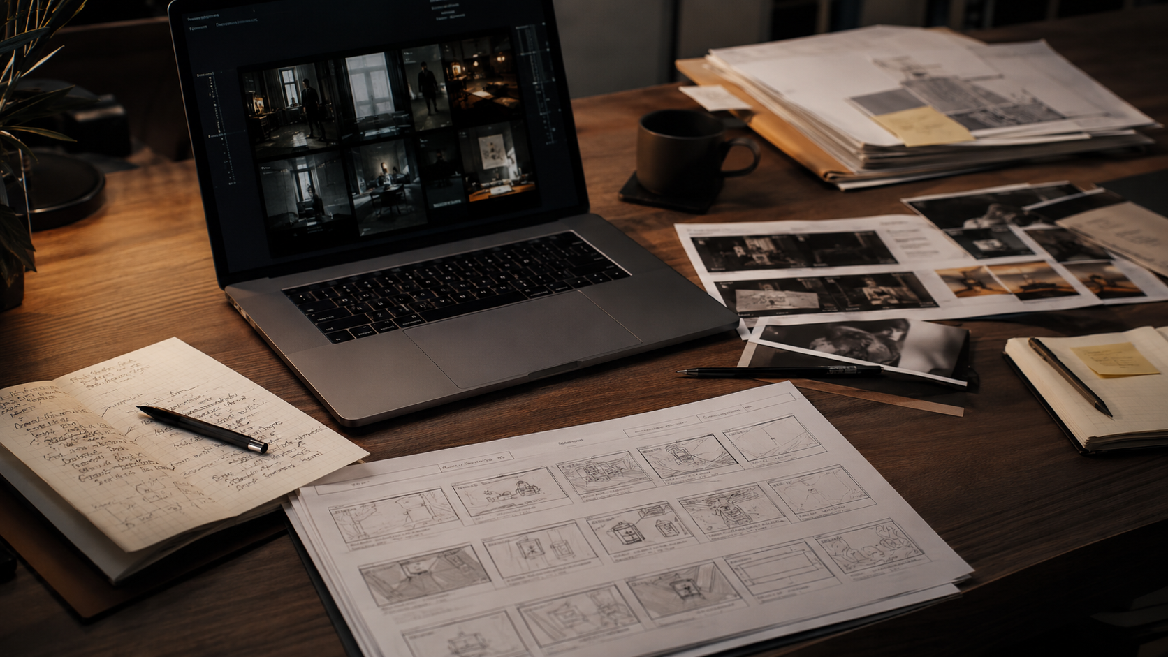 制作デスクに資料とノートPCが置かれている様子