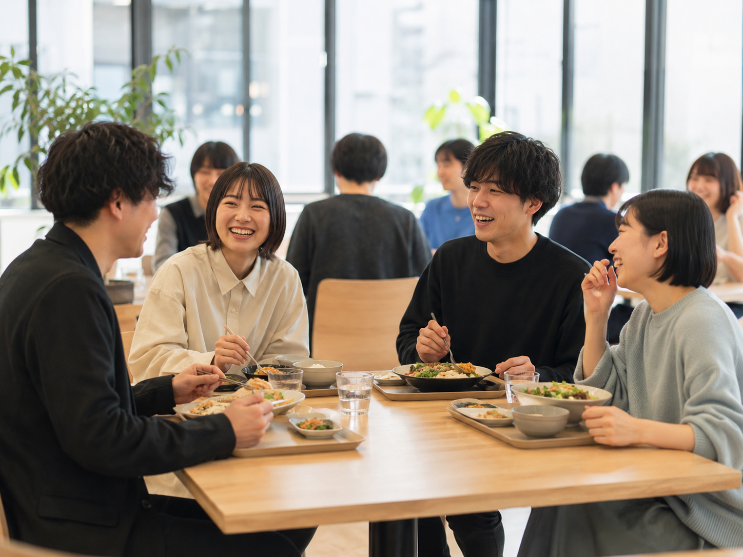 社員がテーブルで昼食を取りながら会話している様子