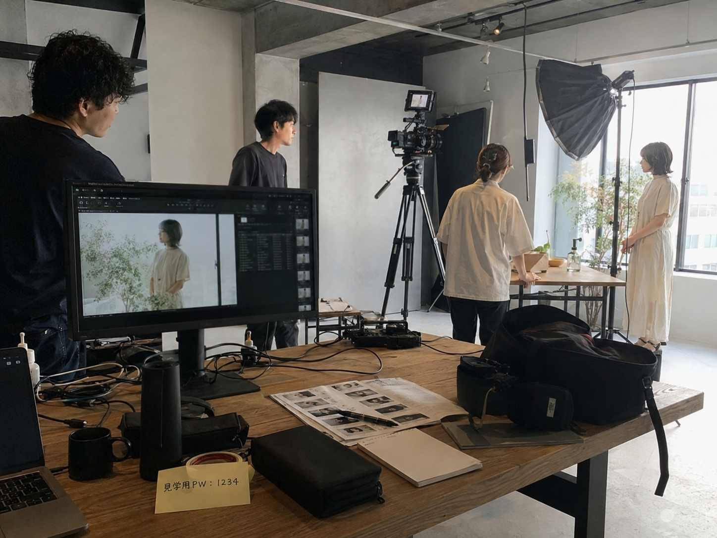 撮影現場のデスクに付箋が置かれている様子